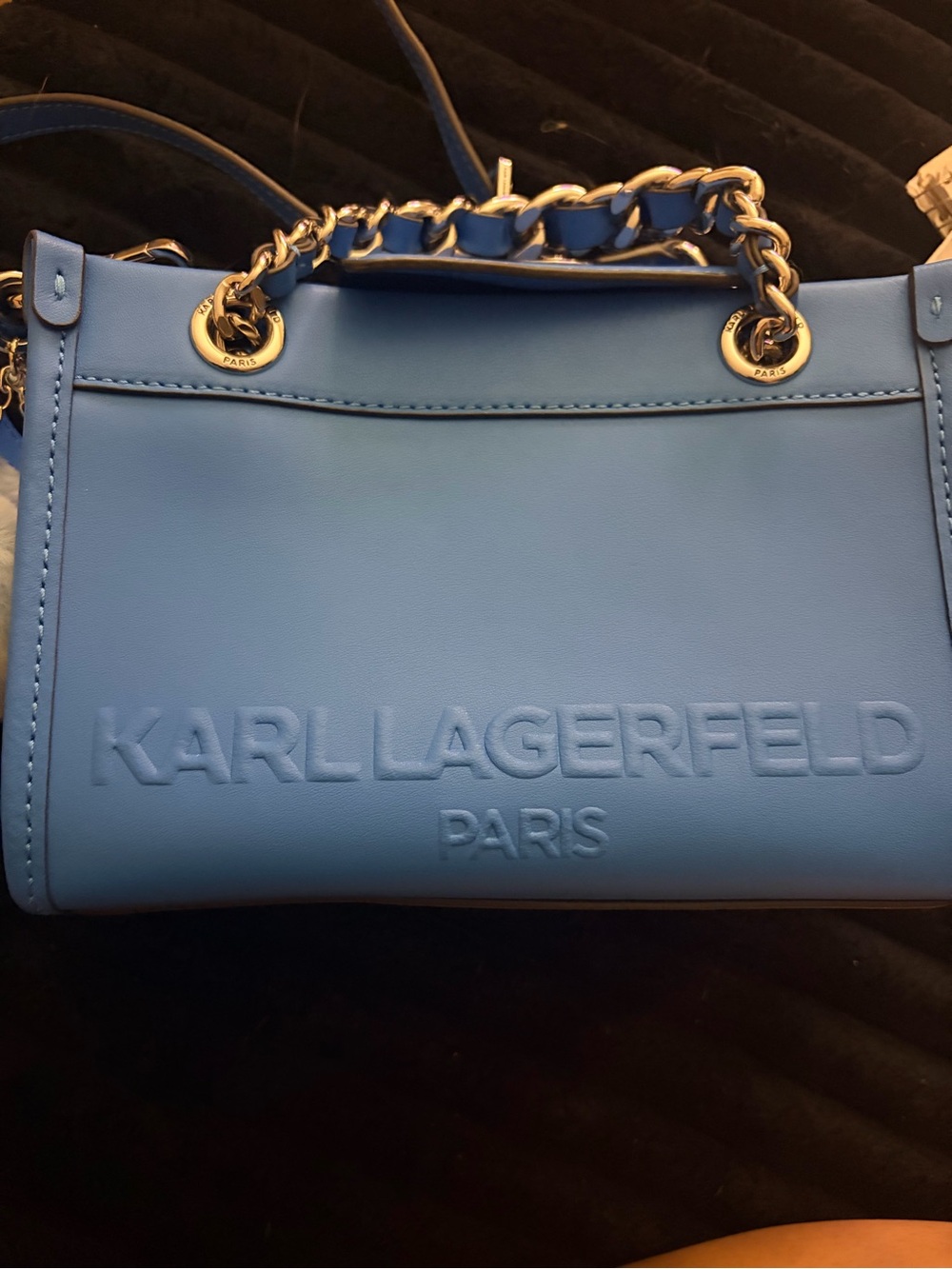 Karl Lagerfeld Blue Embossed Logo Chain Shoulder Bag